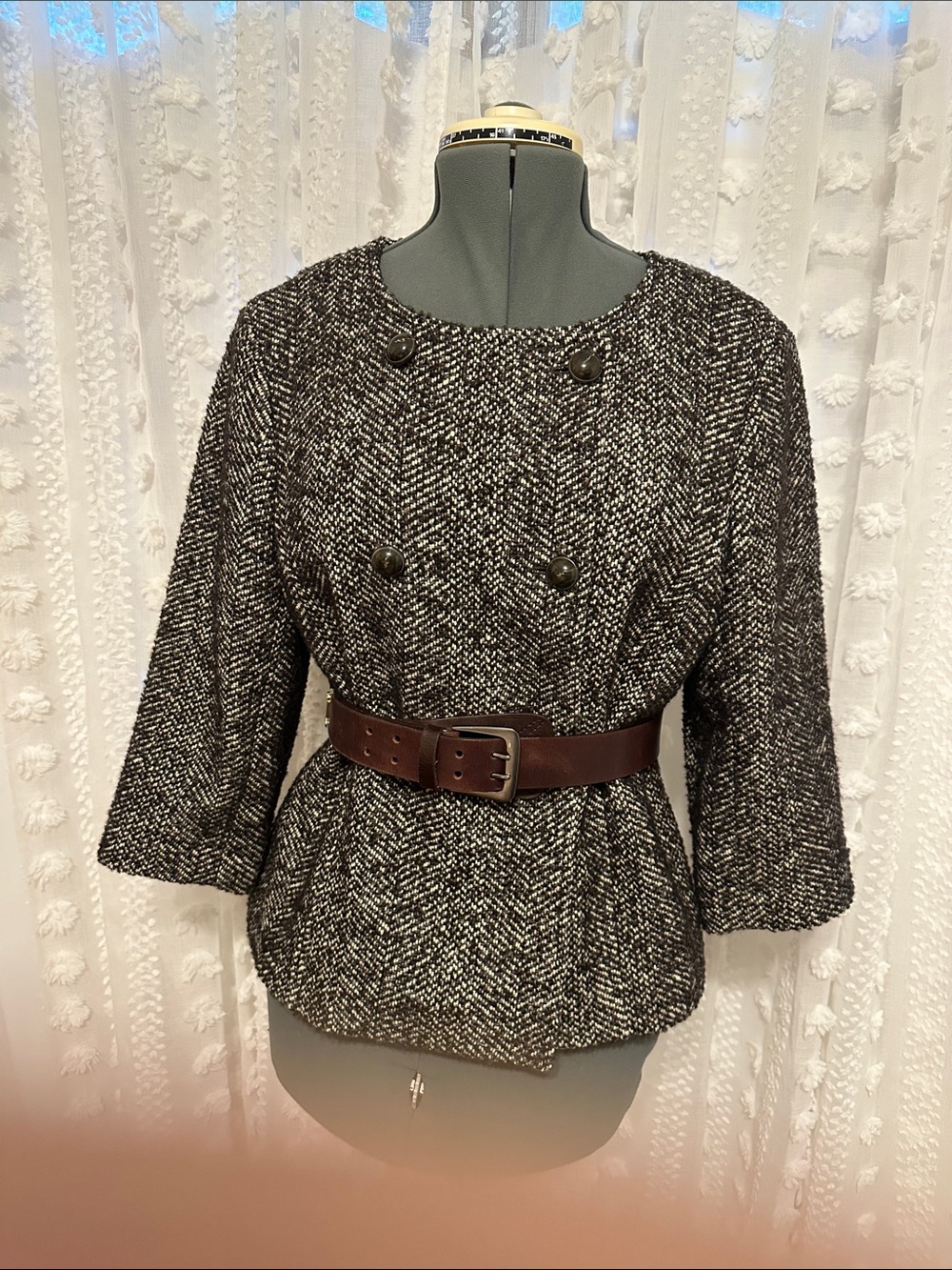 Austin Reed Black & White Tweed Double Breasted Peplum Belted Jacket